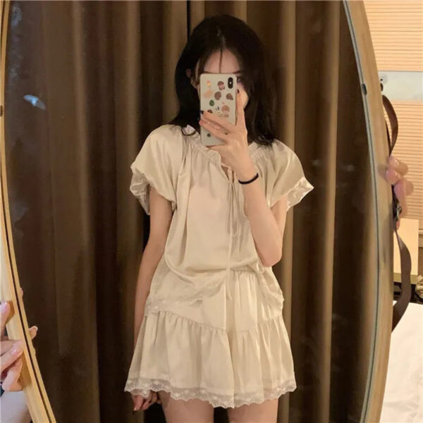 Silk Pajamas For Women Set Summer Pyjamas Women Thin Outer Wear Home Clothes Loose Solid Color Lace Kawaii Style Two-Piece Set - Image 4