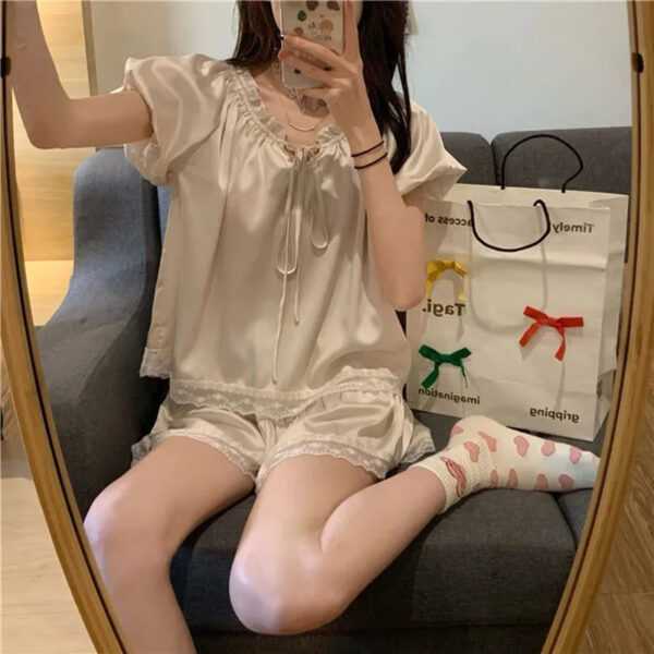 Silk Pajamas For Women Set Summer Pyjamas Women Thin Outer Wear Home Clothes Loose Solid Color Lace Kawaii Style Two-Piece Set - Image 5