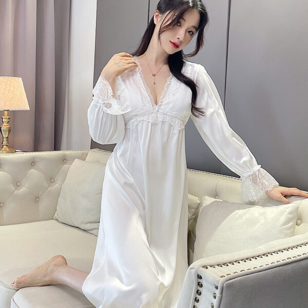 Sleepwear Women Nightdress Satin Lace Sleep Dress Long Sleeve V-neck Nightgown Loungewear Robe Kimono Summer Dressing Gown - Image 3