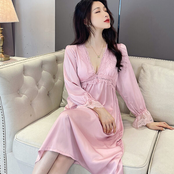 Sleepwear Women Nightdress Satin Lace Sleep Dress Long Sleeve V-neck Nightgown Loungewear Robe Kimono Summer Dressing Gown - Image 4