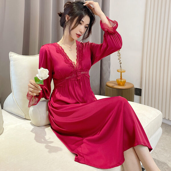 Sleepwear Women Nightdress Satin Lace Sleep Dress Long Sleeve V-neck Nightgown Loungewear Robe Kimono Summer Dressing Gown - Image 5