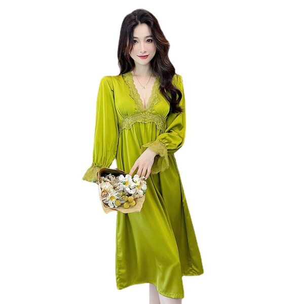 Sleepwear Women Nightdress Satin Lace Sleep Dress Long Sleeve V-neck Nightgown Loungewear Robe Kimono Summer Dressing Gown - Image 6