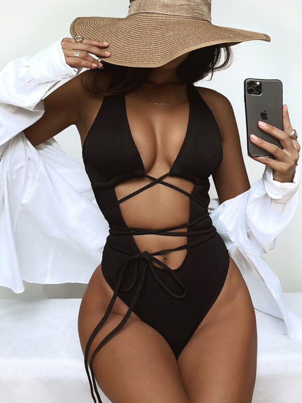 Solid Hollow Out Bandage Swimsuit 2022 One Piece New Black White Women's Swimwear Backless Bathing Suit Beachwear Swim Monokini - Image 3