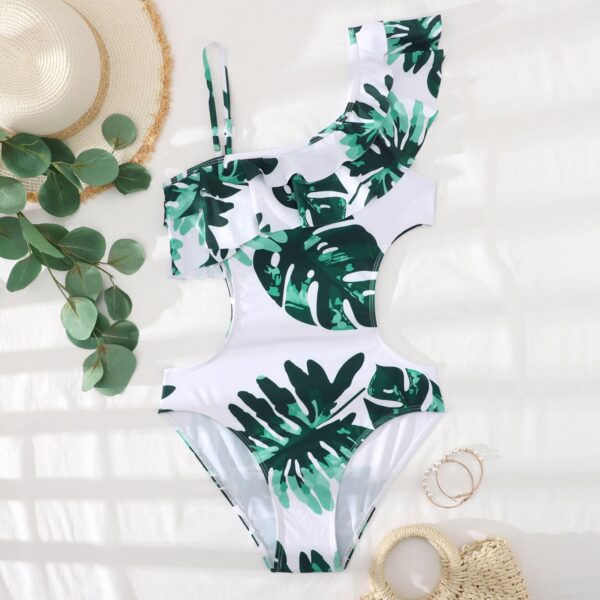 Summer Tropical Leaves One Piece Swimsuit Women Sexy Waist Hollow Out Ruffles Beachwear Bathing Suit Female Backless Monokini - Image 3