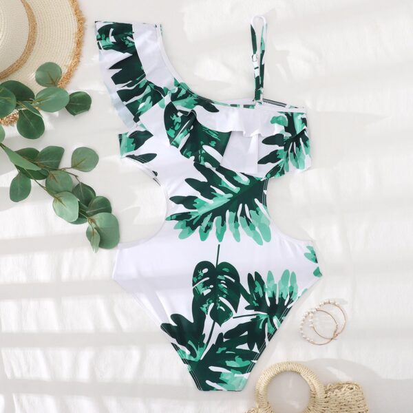 Summer Tropical Leaves One Piece Swimsuit Women Sexy Waist Hollow Out Ruffles Beachwear Bathing Suit Female Backless Monokini - Image 4