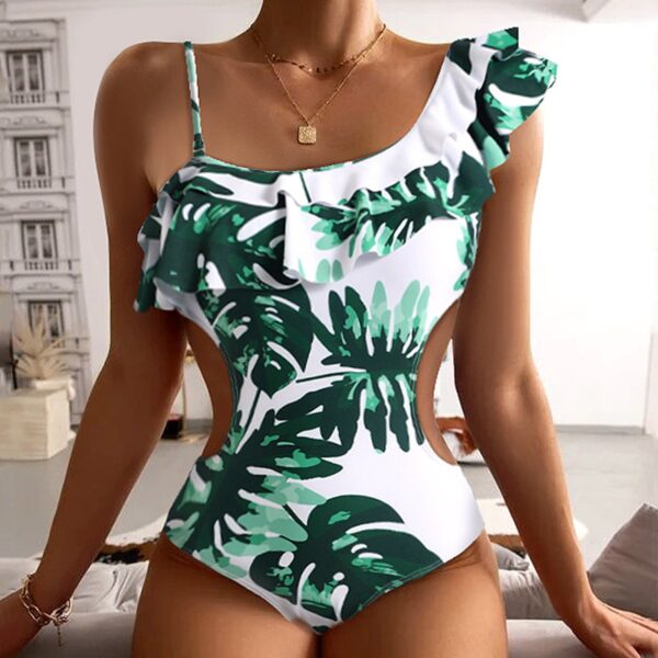 Summer Tropical Leaves One Piece Swimsuit Women Sexy Waist Hollow Out Ruffles Beachwear Bathing Suit Female Backless Monokini