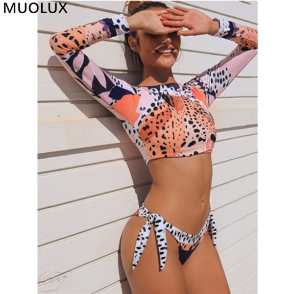 Surfing Swimsuit For Women 2022 Bikini Long Sleeve Swimwear Tiger Print Push Up Summer Bath Suit Two Piece Bandeau Biquini