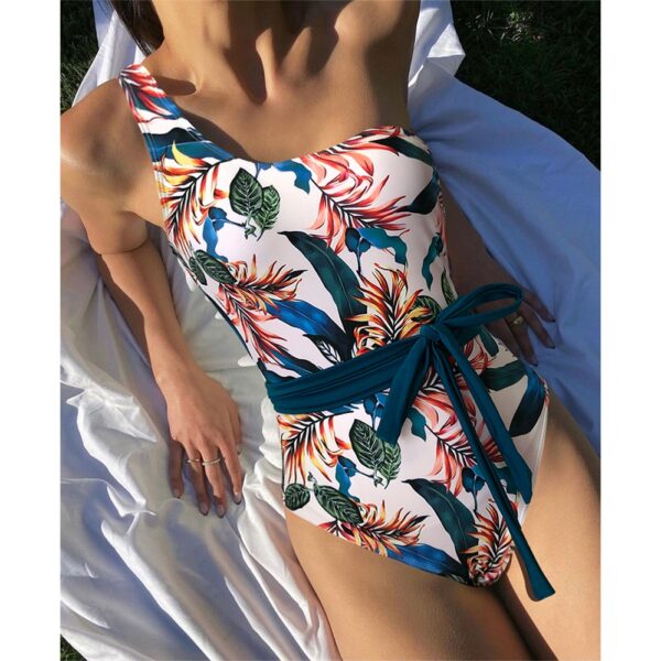 Tropical Women One Piece Swimsuit Bandage Printed Swimwear Single Shoulder Bathing Suit Monokini Flower Bodysuit Summer Bain - Image 2