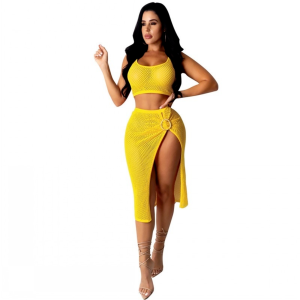 Two Piece Cover-up Crop Top And Skirt Set Female Tracksuit Knitted Office Suit Swimsuit Womens Outfits Home Clothes Sexy - Image 3