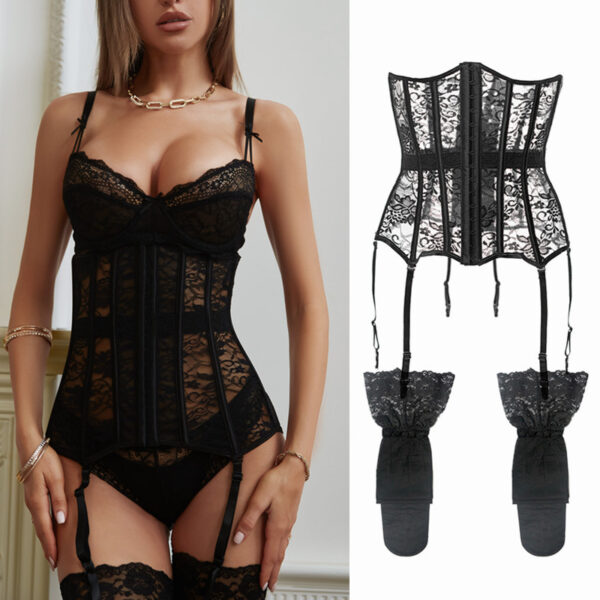 Varsbaby Sexy 2pcs Waist Corsets&Stockings Slim Shapewear Waist Bodysuit Women Lace Black Corset Sexy Plus Size