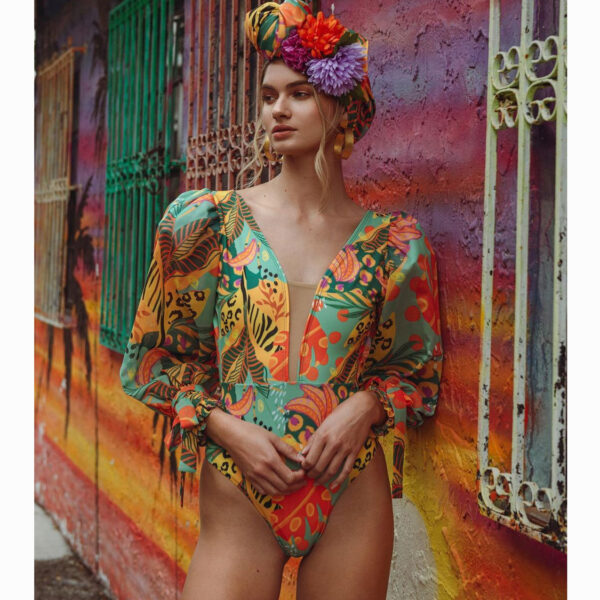 Vintage One Piece Swimsuit Female 2022 Long Sleeve Swimwear Women Plus Size Bathing Suit Print Bandage Summer Bathers Monokini - Image 3