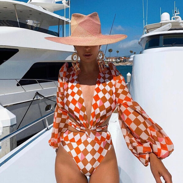 Vintage One Piece Swimsuit Female 2022 Long Sleeve Swimwear Women Plus Size Bathing Suit Print Bandage Summer Bathers Monokini