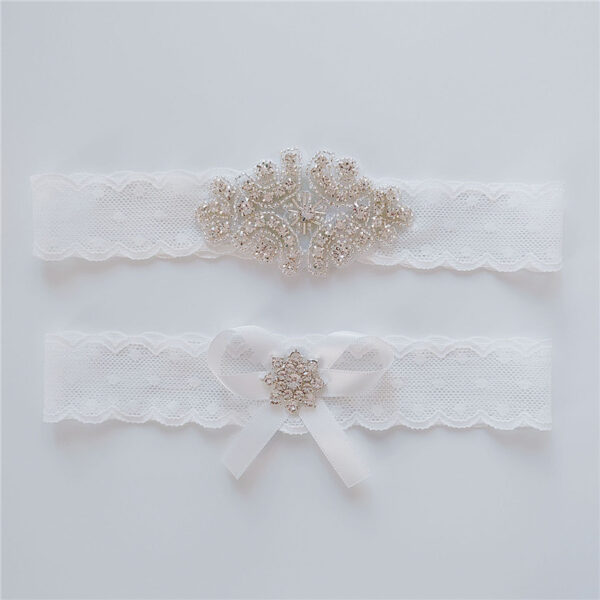 Wedding Bridal Garter Set Crystal Rhinestone on a WHITE Lace crystal Toss Garter Set with Ivory Bow - Image 2