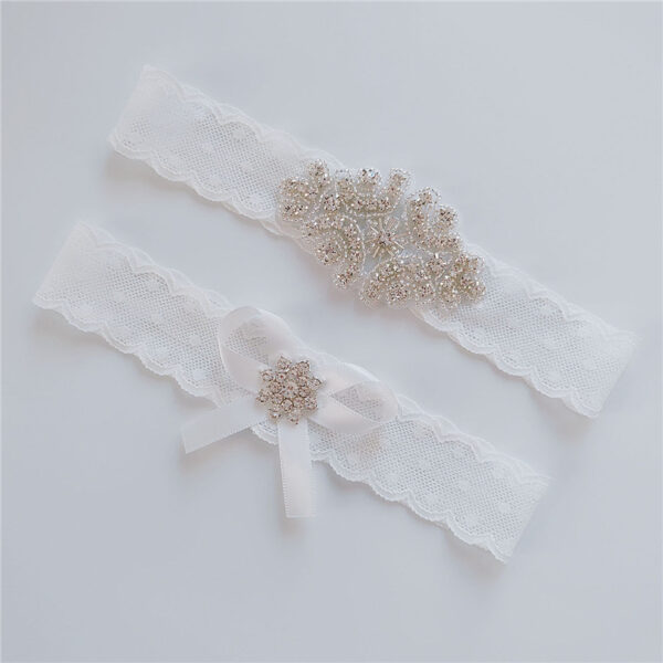 Wedding Bridal Garter Set Crystal Rhinestone on a WHITE Lace crystal Toss Garter Set with Ivory Bow - Image 3