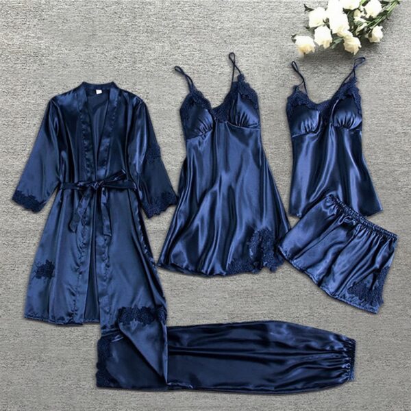 Wedding Nightwear Rayon Home Wear Nighty&Robe Suit 5PCS Sleepwear Female Pajamas Set Satin Pyjamamas Sexy Lace Patchwork Bridal - Image 3