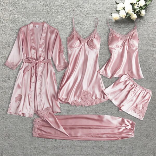 Wedding Nightwear Rayon Home Wear Nighty&Robe Suit 5PCS Sleepwear Female Pajamas Set Satin Pyjamamas Sexy Lace Patchwork Bridal - Image 4