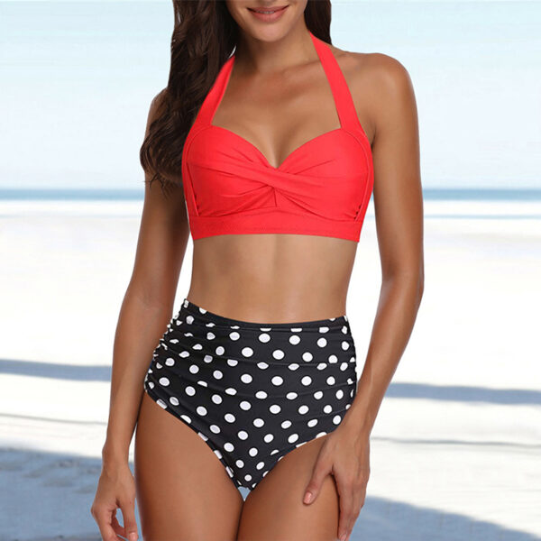 Women Retro Swimsuit Two Piece Retro Halter Ruched High Waist Bikini Women's Solid Color Shorts Print Split Swimwear - Image 5