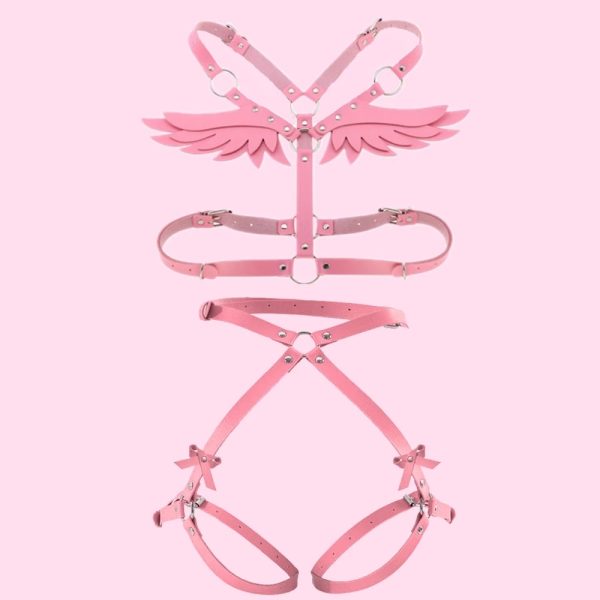 Angel Wings Harness Women Set Pink PU Leather Garter Belt Gothic Suspender Body Bondage Waist Thigh Strap Sexy Lingerie Cage