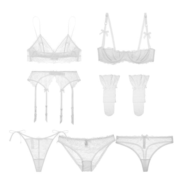 Ladies wedding white sexy lingerie set wire free bra+underwire bra+garter+thong+V-strings+panties+stockings 7pcs/set CYHWR