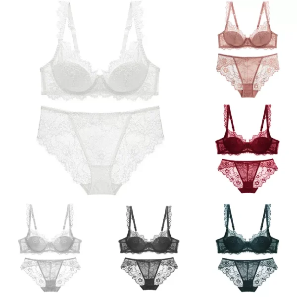 Set Sexy V-neck Panties Lingerie Set Bras Underwear Ultra-thin Lace Push Up French ABCDE Cup