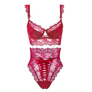 Sexy Lace Large Size Bra Set Lingerie Ladies Temptation Lace Satin High Waist Lace-up Panties Briefs