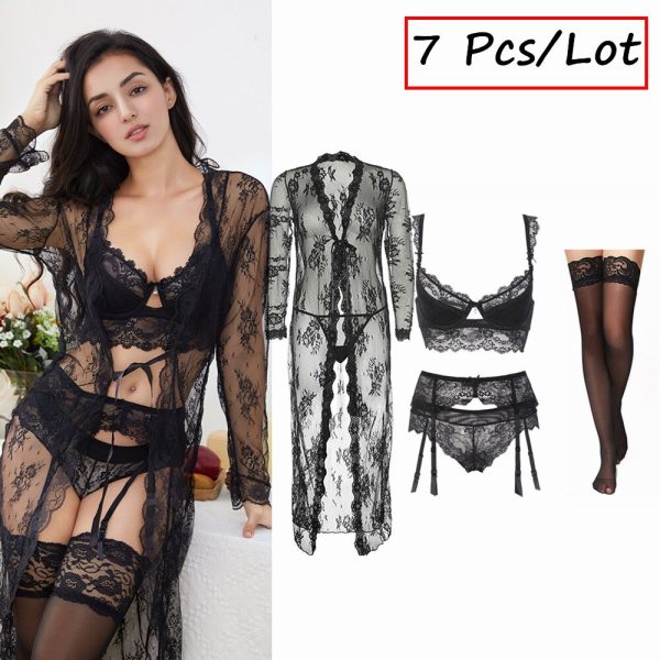 Sexy Lace Underwear Set Robe+Bra+ Panties+ Stockings +Y-line Straps + thong + garter 7 Piece For Lady - Image 2