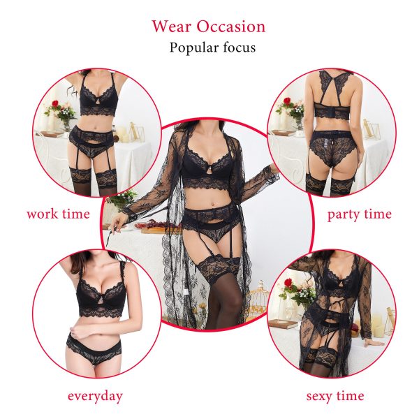 Sexy Lace Underwear Set Robe+Bra+ Panties+ Stockings +Y-line Straps + thong + garter 7 Piece For Lady - Image 6