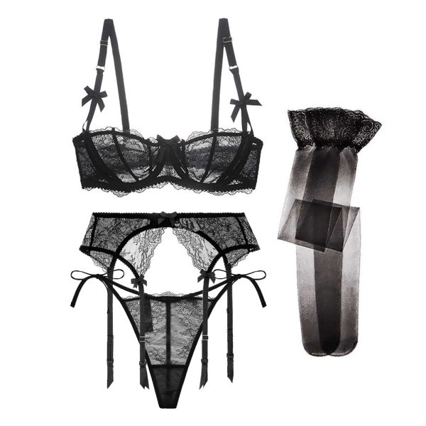 Sexy lace see through half-cup bra ladies thin belt thong flower white wedding lingerie set bra+garter+thong+stockings 4pcs/set - Image 3