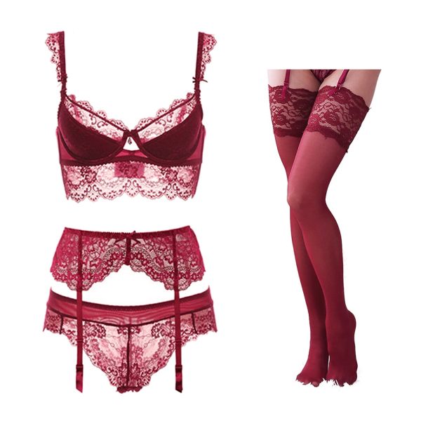 Sexy lace thin cotton cup breast bra set (bra+panty+garter belt +stocking) 4pieces/lots Lingerie Set - Image 5