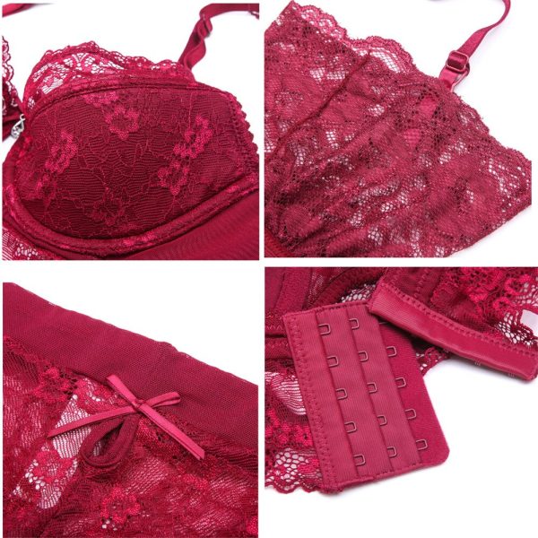 Sexy lace thin cotton cup breast bra set (bra+panty+garter belt +stocking) 4pieces/lots Lingerie Set - Image 6