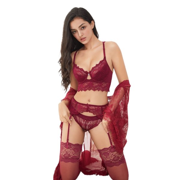 Sexy lace thin cotton cup breast bra set (bra+panty+garter belt +stocking) 4pieces/lots Lingerie Set