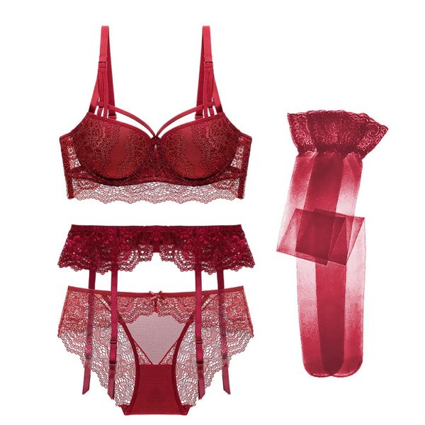 Sexy underwear lace bra push up padded lingerie set (bra + panties +garter+stockings ) 4 Pcs/Lot