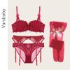Varsbaby sexy half cup push up underwear set bras+panties+garters+stockings big size bra set christmas red 4pcs