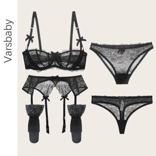 Varsbaby sexy half cup underwear 5 pcs bras+garters+panties+thongs+stockings A B C D bra set