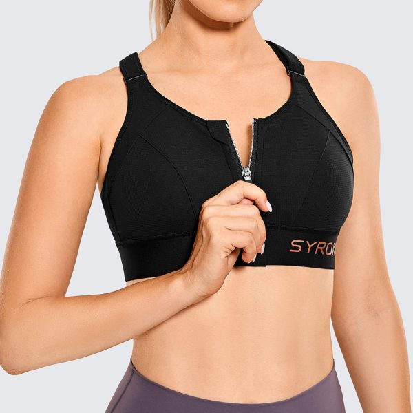 Women's High Impact Zip Front Adjustable Straps Strappy Back Wirefree Padded Workout Sports Bra